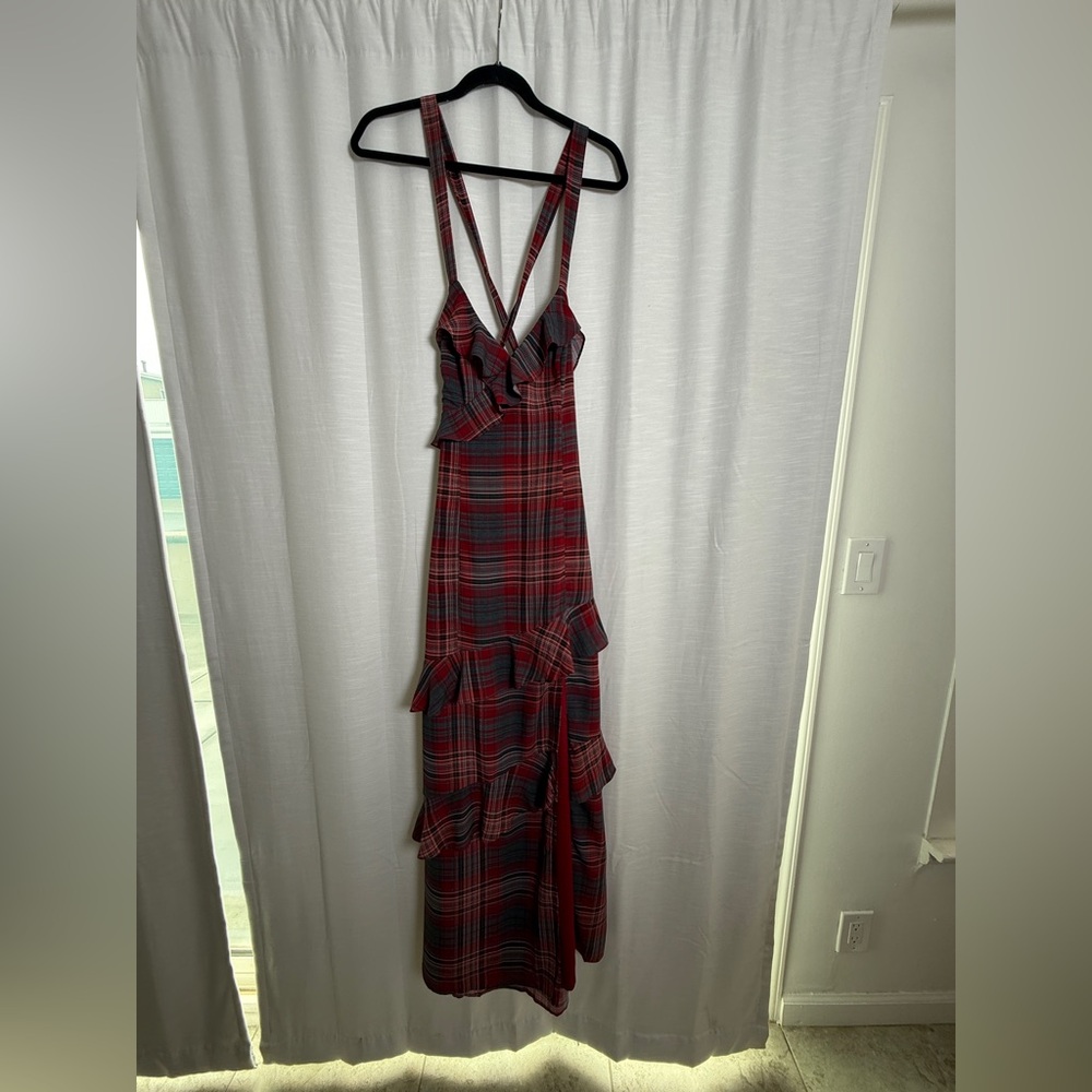VICI  Reygan Ruffle Plaid Maxi Dress Red Plaid Ruffle Maxi Dress w/ Slit Size M - Picture 8 of 17